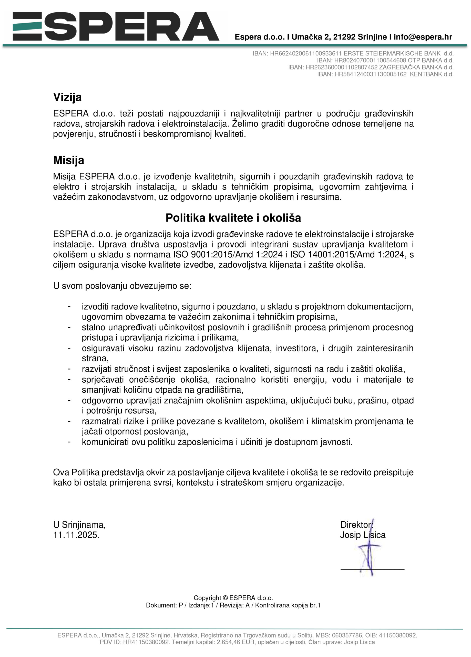 Politika kvalitete i okoliša Espera